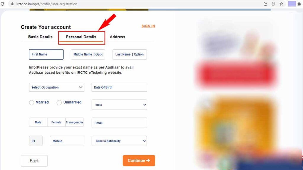 irctc user id personal details form